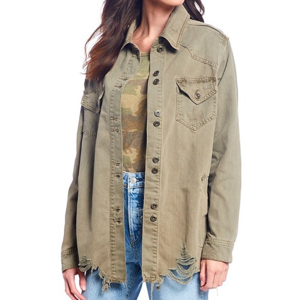Free People green distressed denim shirt jacket